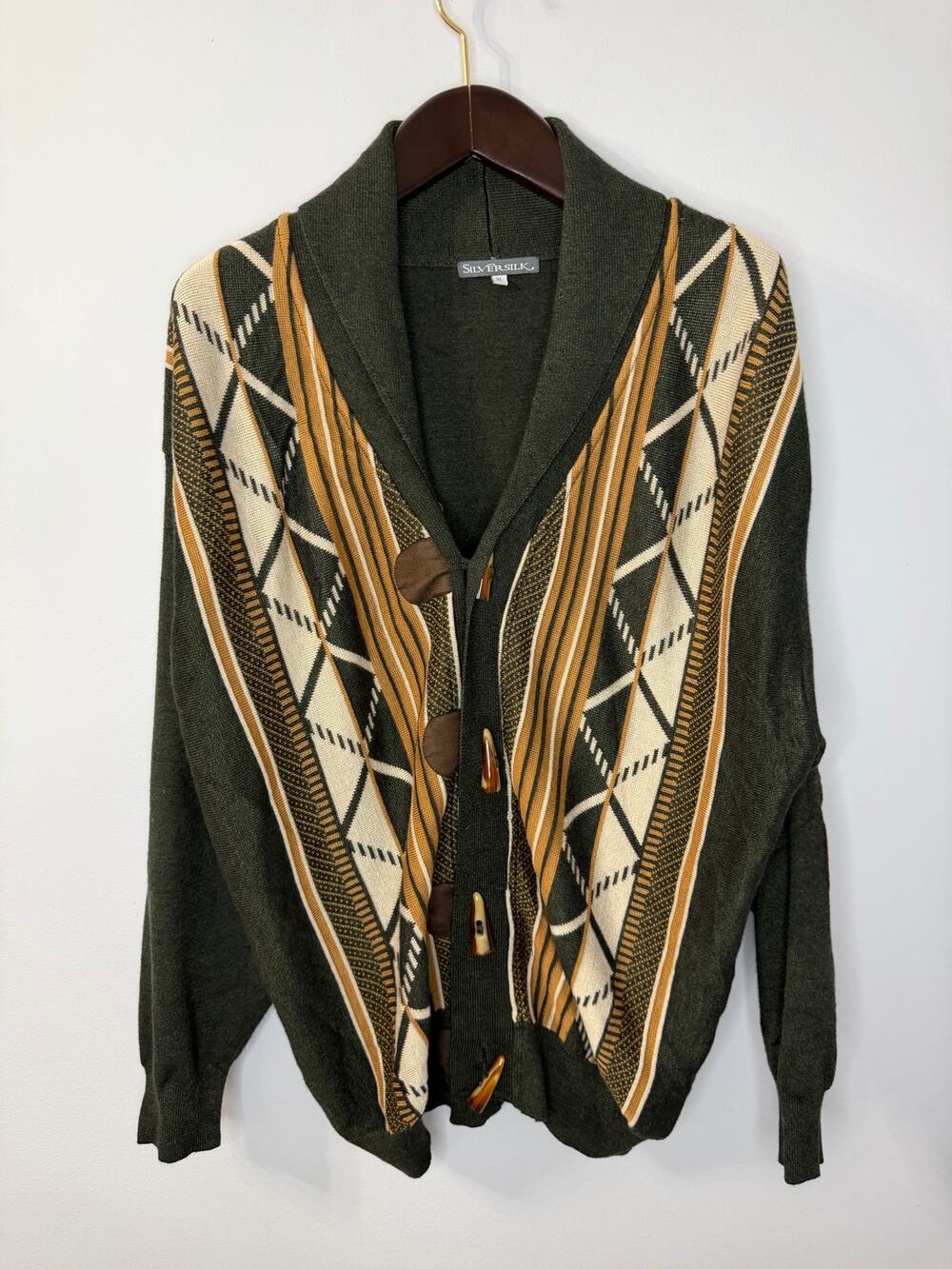 Silversilk Mens Sweater Cardigan 3D Knit Geo Toggle Button Grandpa VTG Green XL
